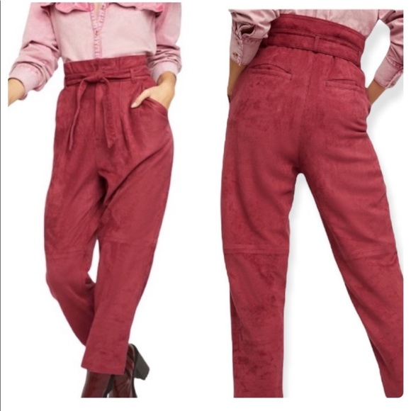 NWT Free People Nightfall Vegan Suede Pomegranate Waist Tye Pants Size 14 - Picture 1 of 16